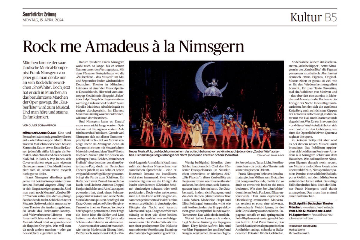 Presseausschnitt Rock me Amadeuts Nimsgern Zauberflöte 2024